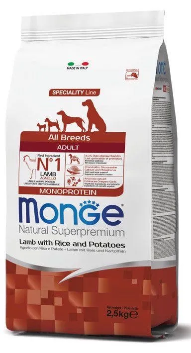 monge canine adult all breeds monoprotein speciality line natural superpremium lamb with rice and potatoes 2.5 and 12 kg