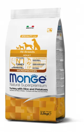 monge canine adult all breeds monoprotein speciality line natural superpremium turkey with rice and potatoes 2.5 and 12 kg