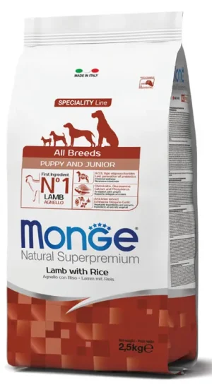 monge canine puppy & junior all breeds speciality line natural superpremium lamb and rice 2.5 kg