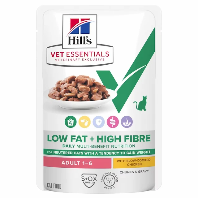 hills vet essentials multi benefit + weight low fat +high fibre wet cat food with slow cooked chicken 85g