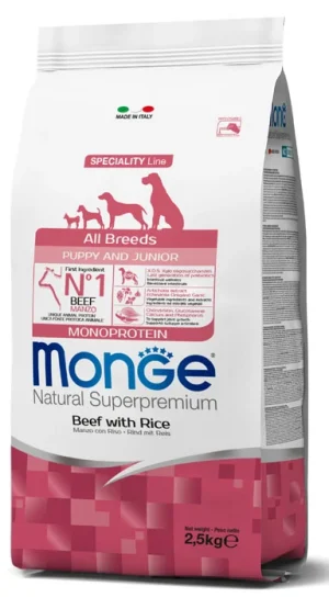 monge canine puppy & junior all breeds monoprotein speciality line natural superpremium beef with rice 2.5 kg