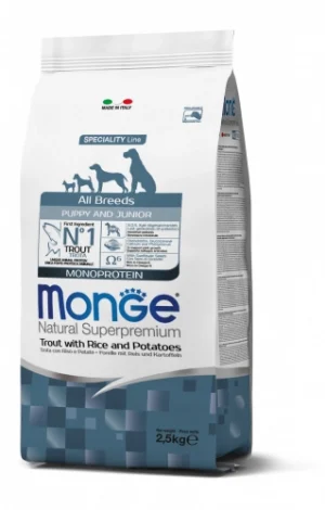 monge canine puppy & junior all breeds monoprotein speciality line natural superpremium trout with rice and potatoes 2.5 kg